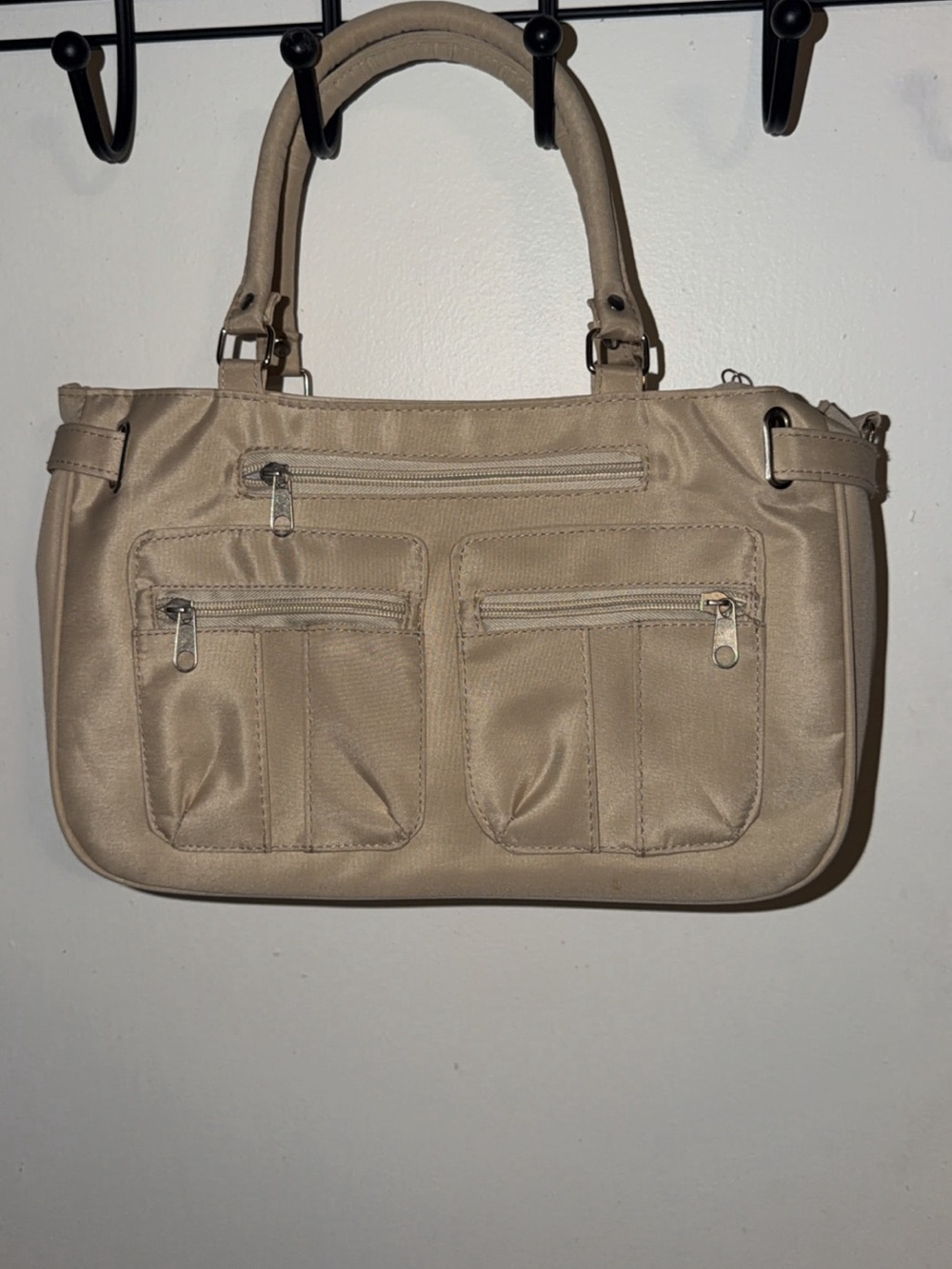 Beige Women’s Tote Bag with Front Zip Pockets